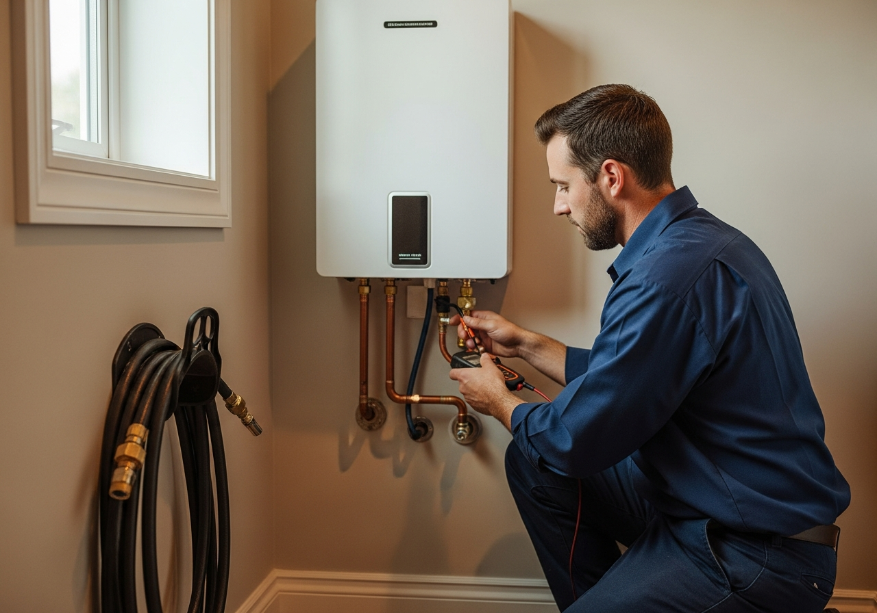 Technician performing professional HVAC maintenance and inspection on home equipment.
